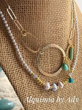 BAROQUE Gold Layered Necklace with Pearls and Green AMAZONITE Accents